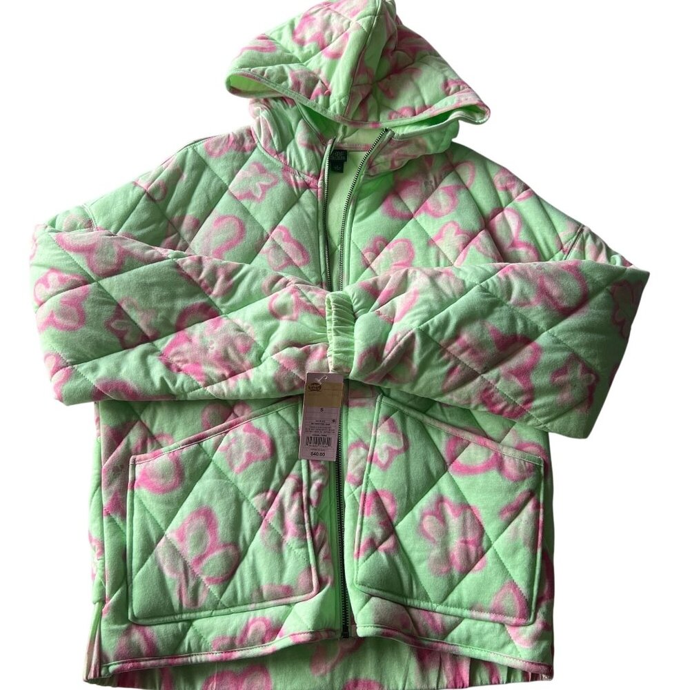 Wild Fable Hooded Quilt Jacket Coat Lightweight Floral Mint Green Pink Size S